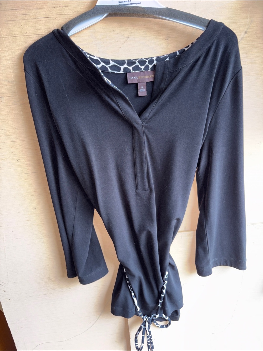 Dana Buchman Black Long Sleeve V-Neck Top with Patterned Trim and tie